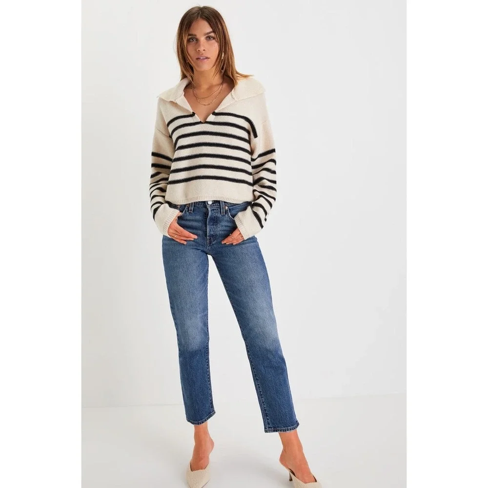 Lulu's‎ Timeless Energy Ivory Striped Collared Pullover Sweater Size Medium - Picture 3 of 9